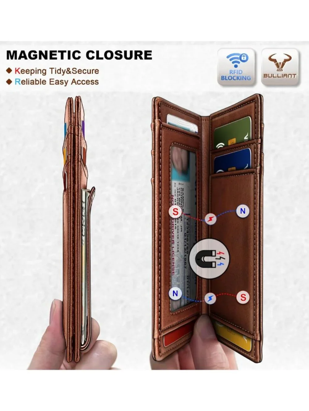 Slim Leather Wallet for Men - RFID Blocking, Magnetic Closure, Holds 12 Cards